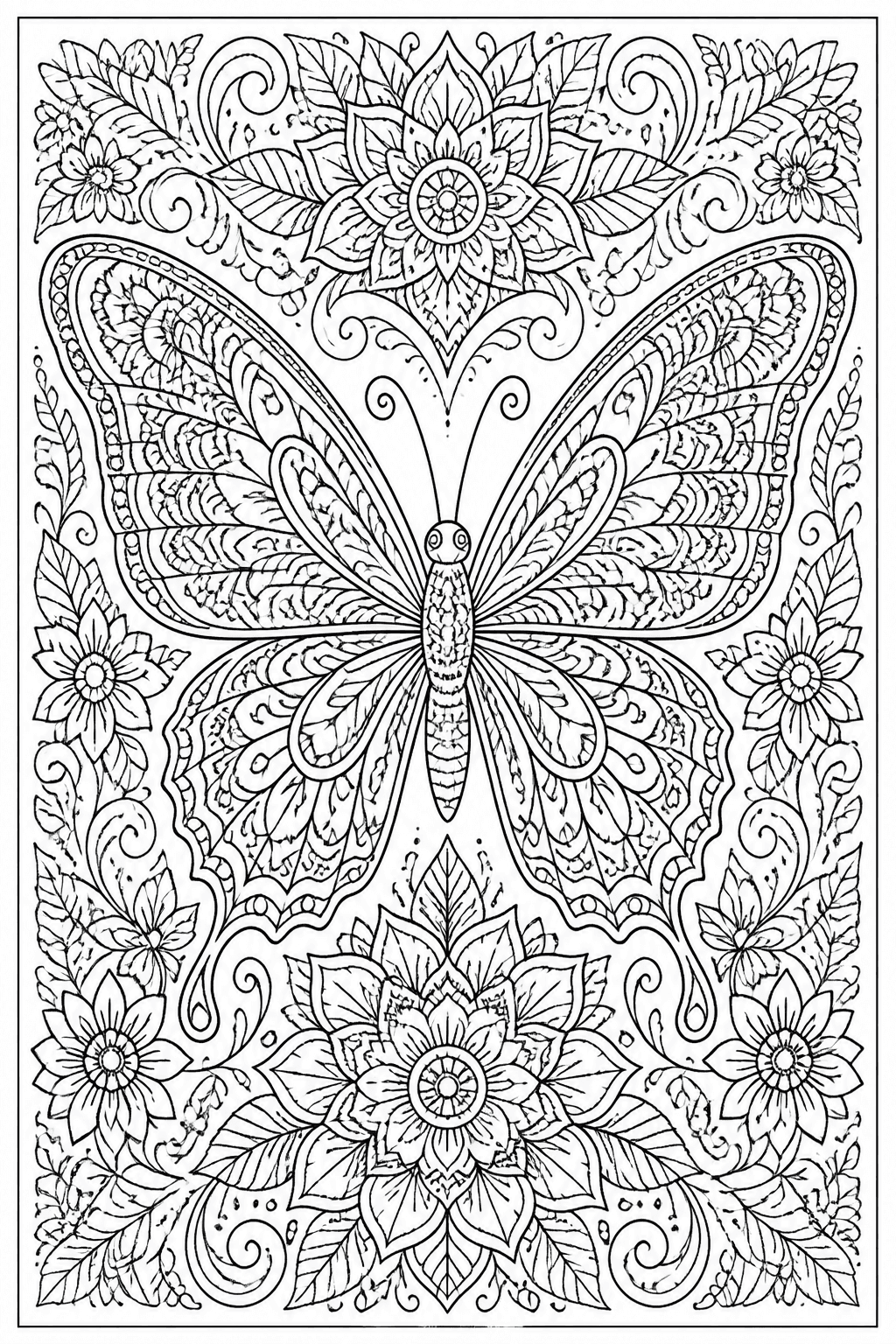 Detailed butterfly coloring page with ornate wings and flowers.