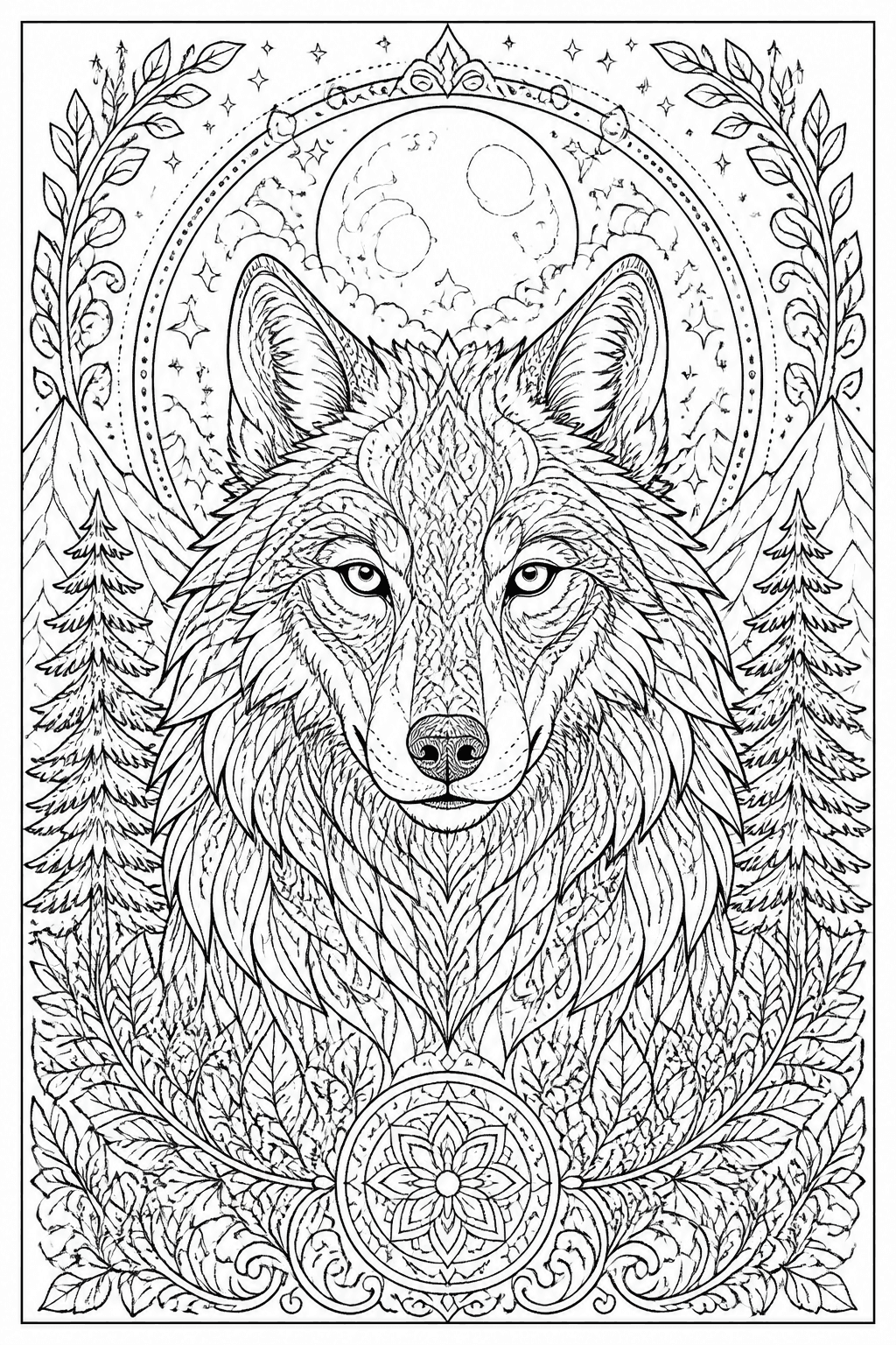 Intricate wolf coloring page for adults with detailed fur, a moon, forest, and decorative patterns.