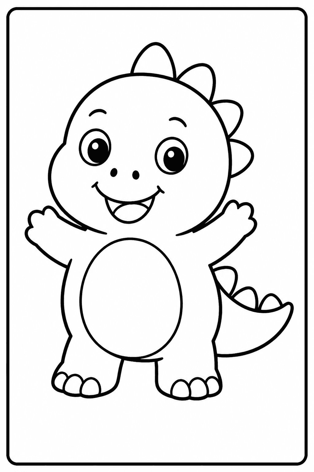 Easy baby dinosaur coloring page with a cute smiling dinosaur and bold outlines.
