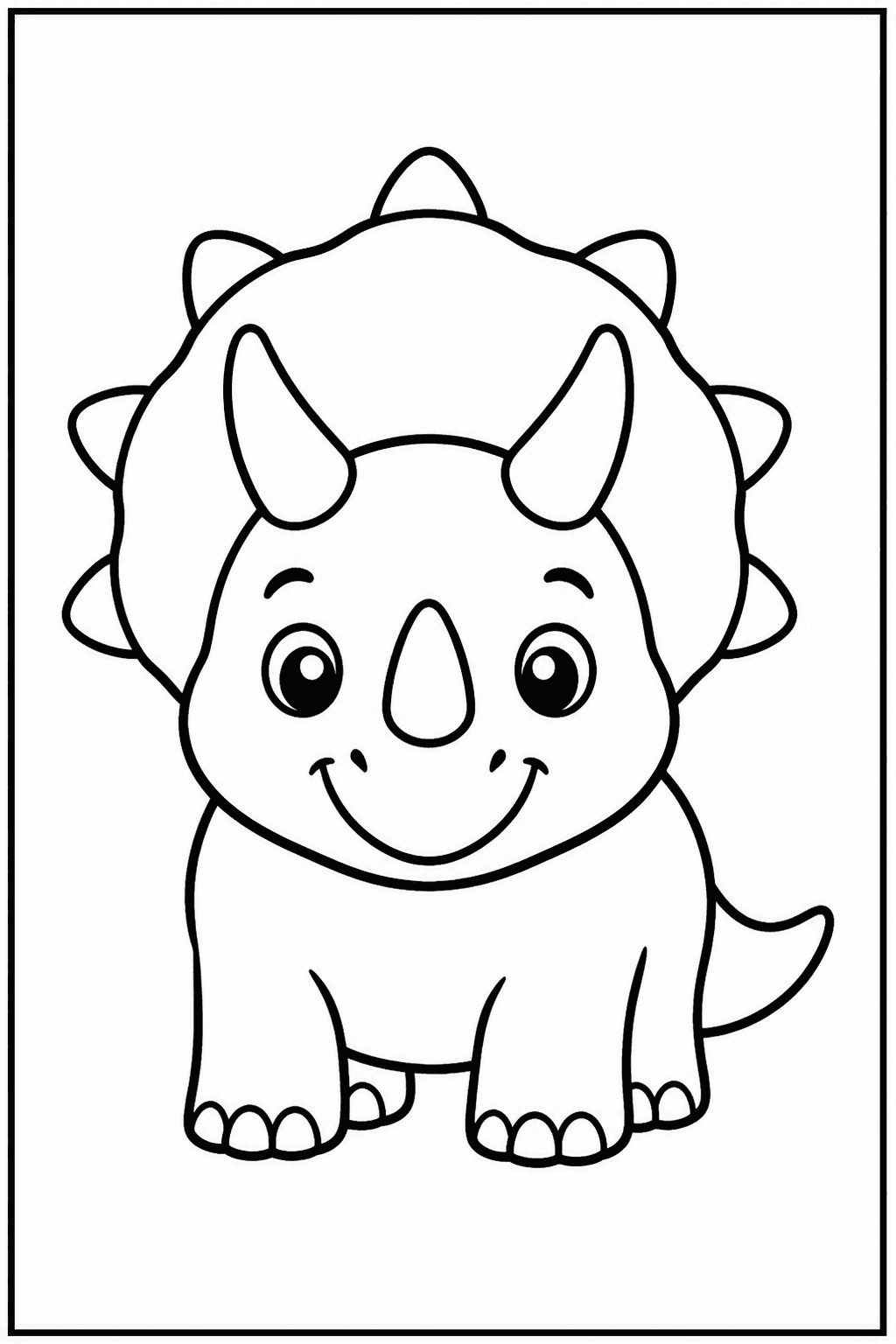 Easy triceratops coloring page with a cute chubby dinosaur and bold outlines.