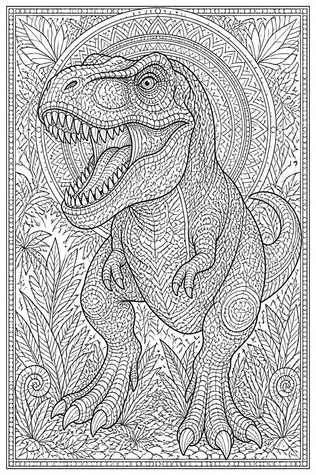 Detailed T. rex coloring page for adults with intricate scales and fine line work.