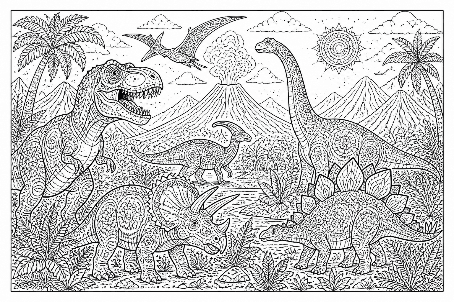 Detailed prehistoric scene coloring page with several dinosaurs, ferns, and mountains.