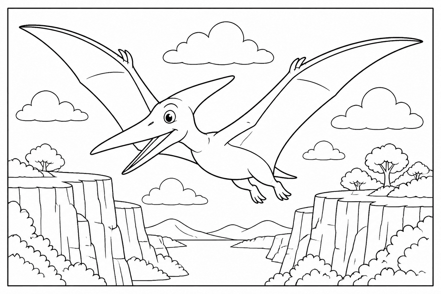 Pterodactyl coloring page with a flying dinosaur over cliffs.