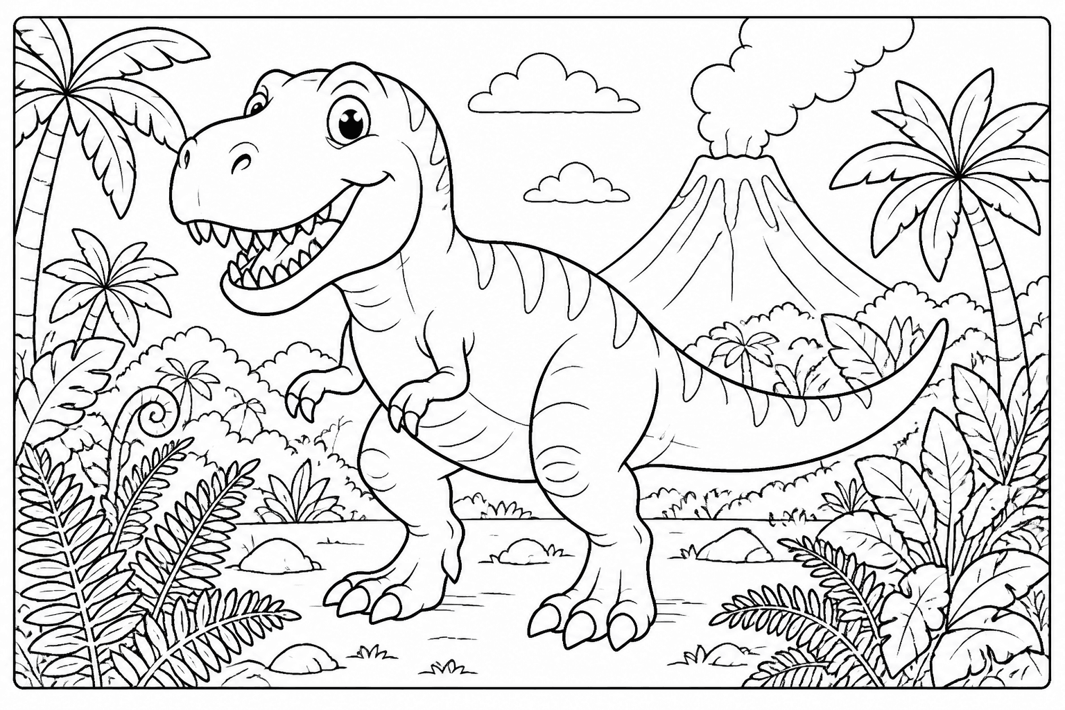 T. rex coloring page with a friendly dinosaur in a jungle with ferns and a volcano.