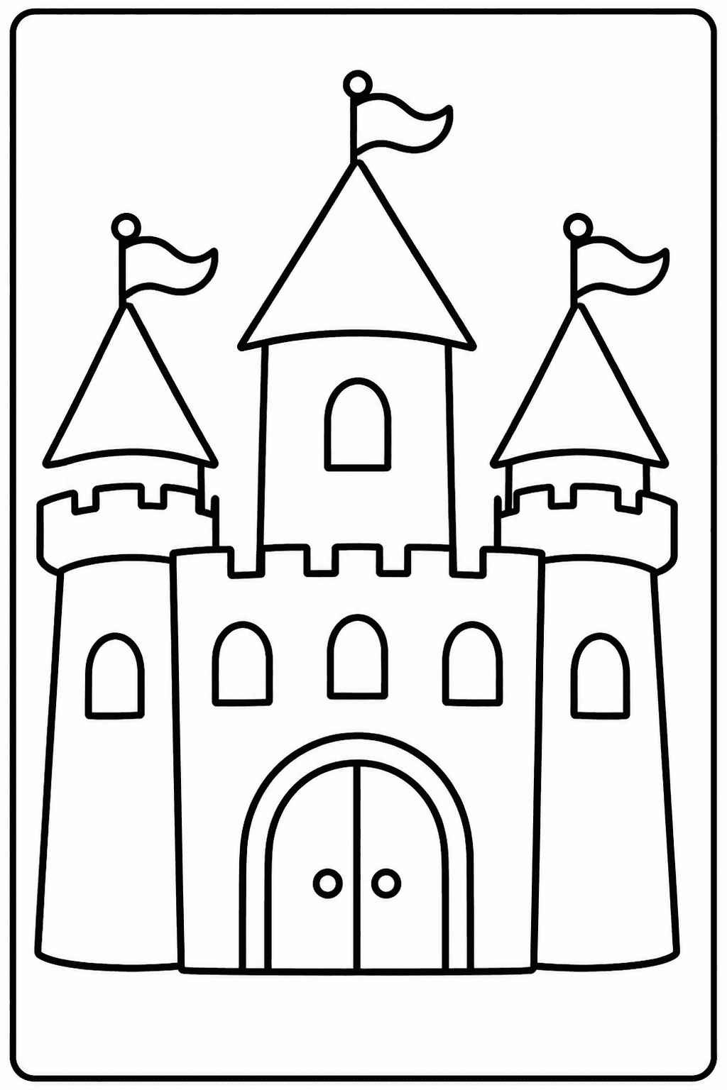 Easy castle coloring page with simple towers and flags.