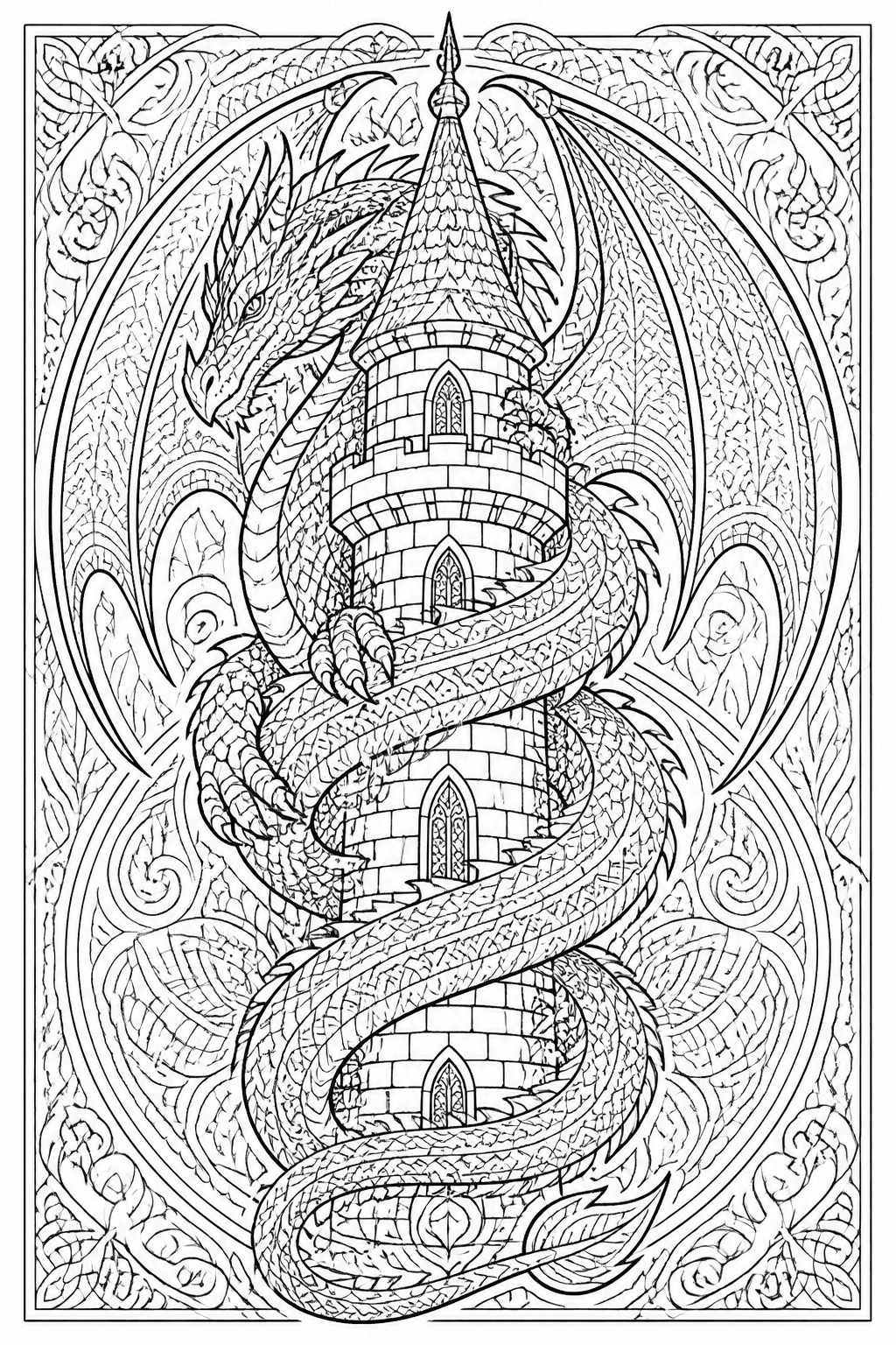 Detailed dragon castle coloring page with a dragon wrapped around a tower.