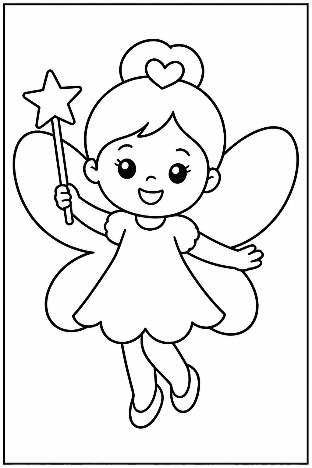 Easy fairy coloring page with a smiling fairy, wings, and a wand.