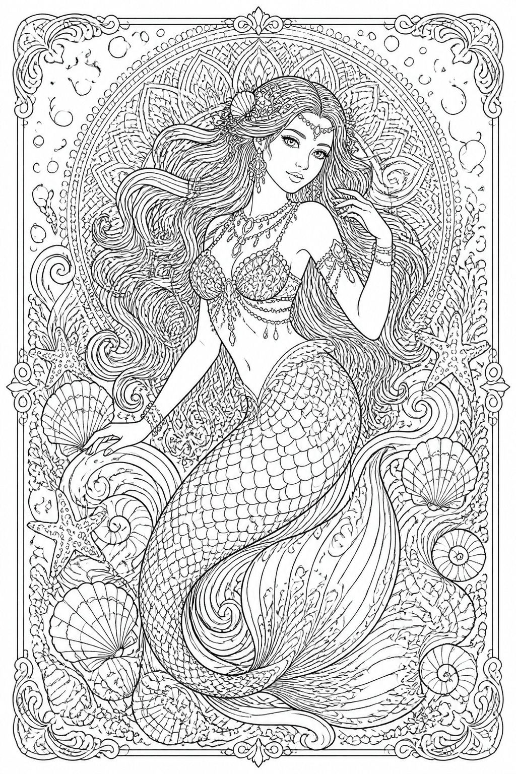 Detailed mermaid coloring page for adults with flowing hair, intricate scales, waves, and shells.
