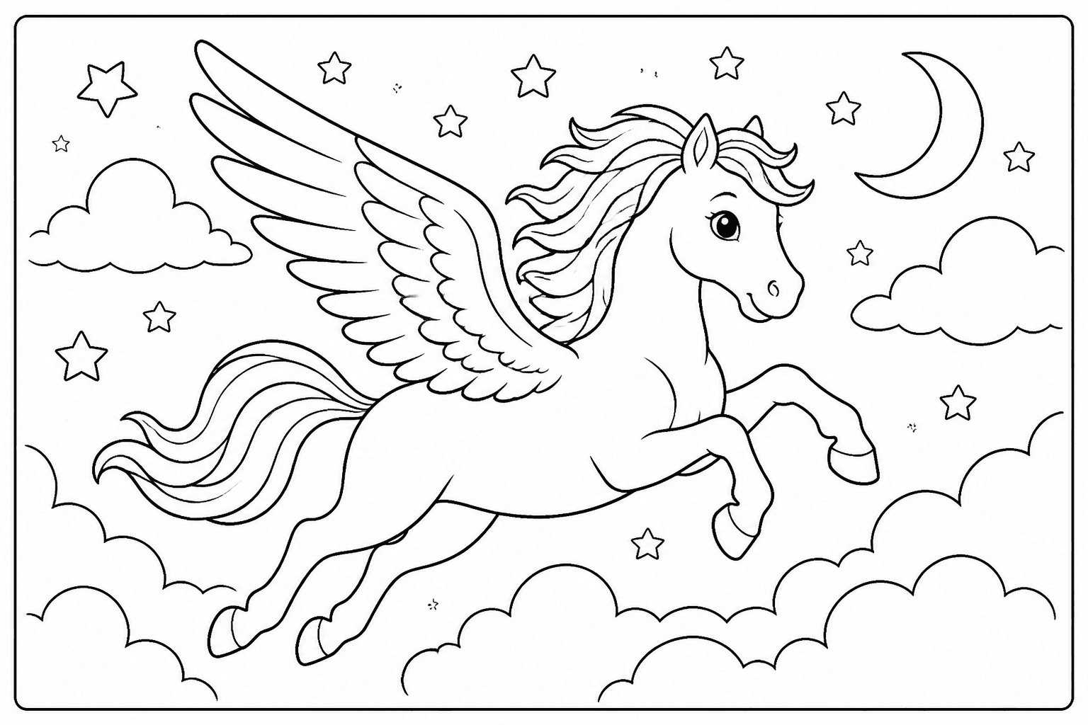 Pegasus coloring page with a winged horse flying through clouds.