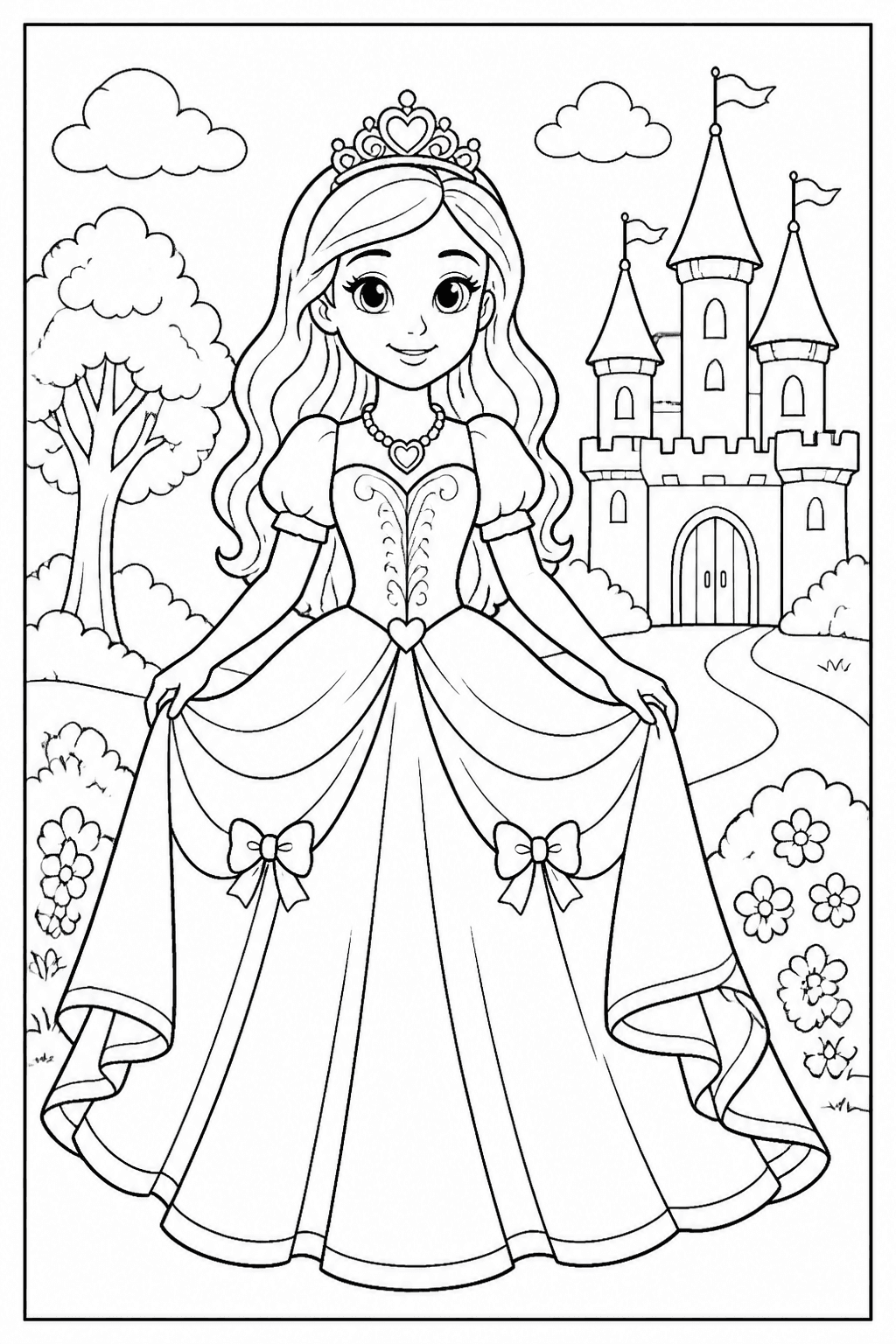 Princess coloring page with a crown, dress, and friendly smile.