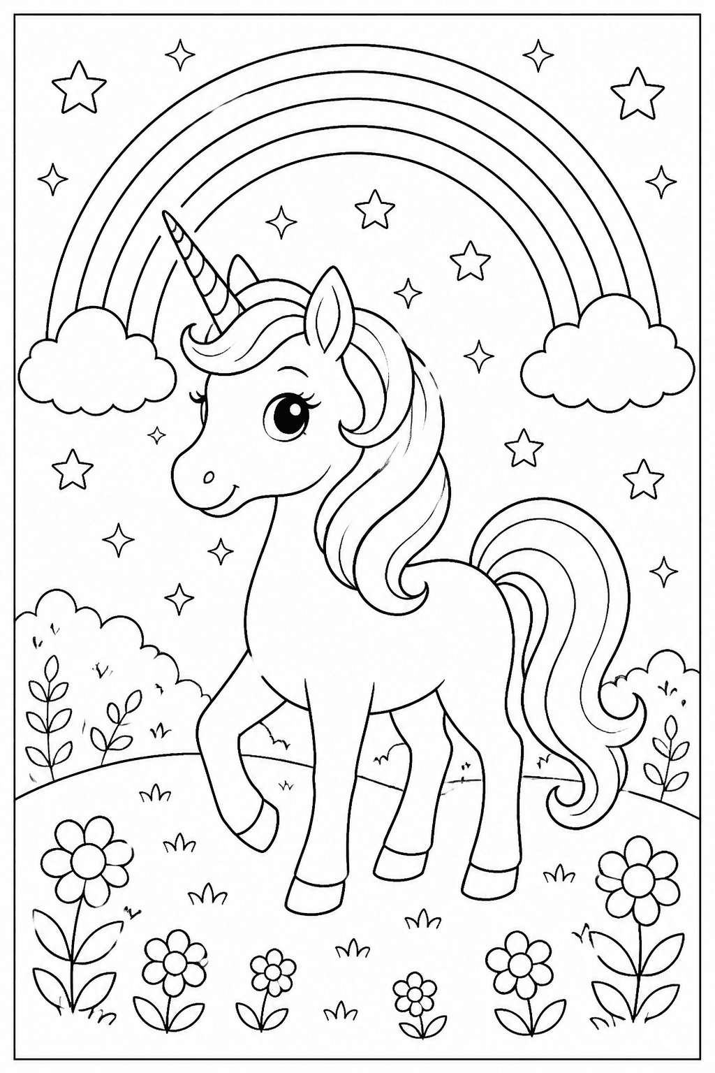 Unicorn Rainbow coloring page featuring a unicorn standing beneath a rainbow with clouds and stars.