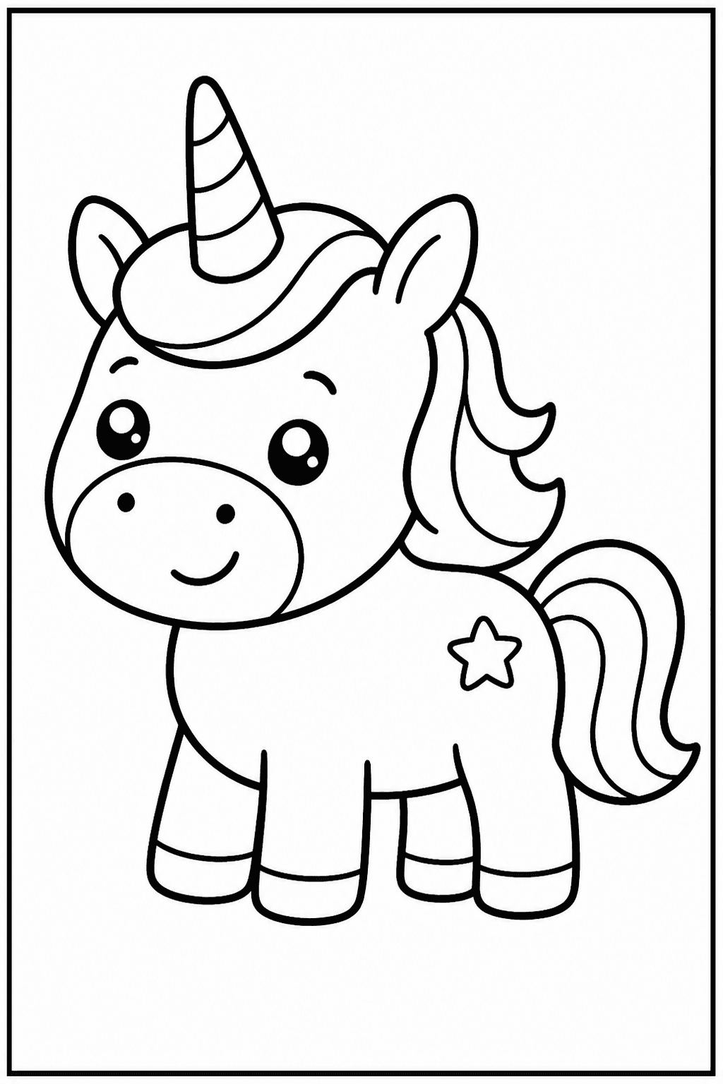 Easy unicorn coloring page with a cute chubby unicorn, a big horn, and a star.