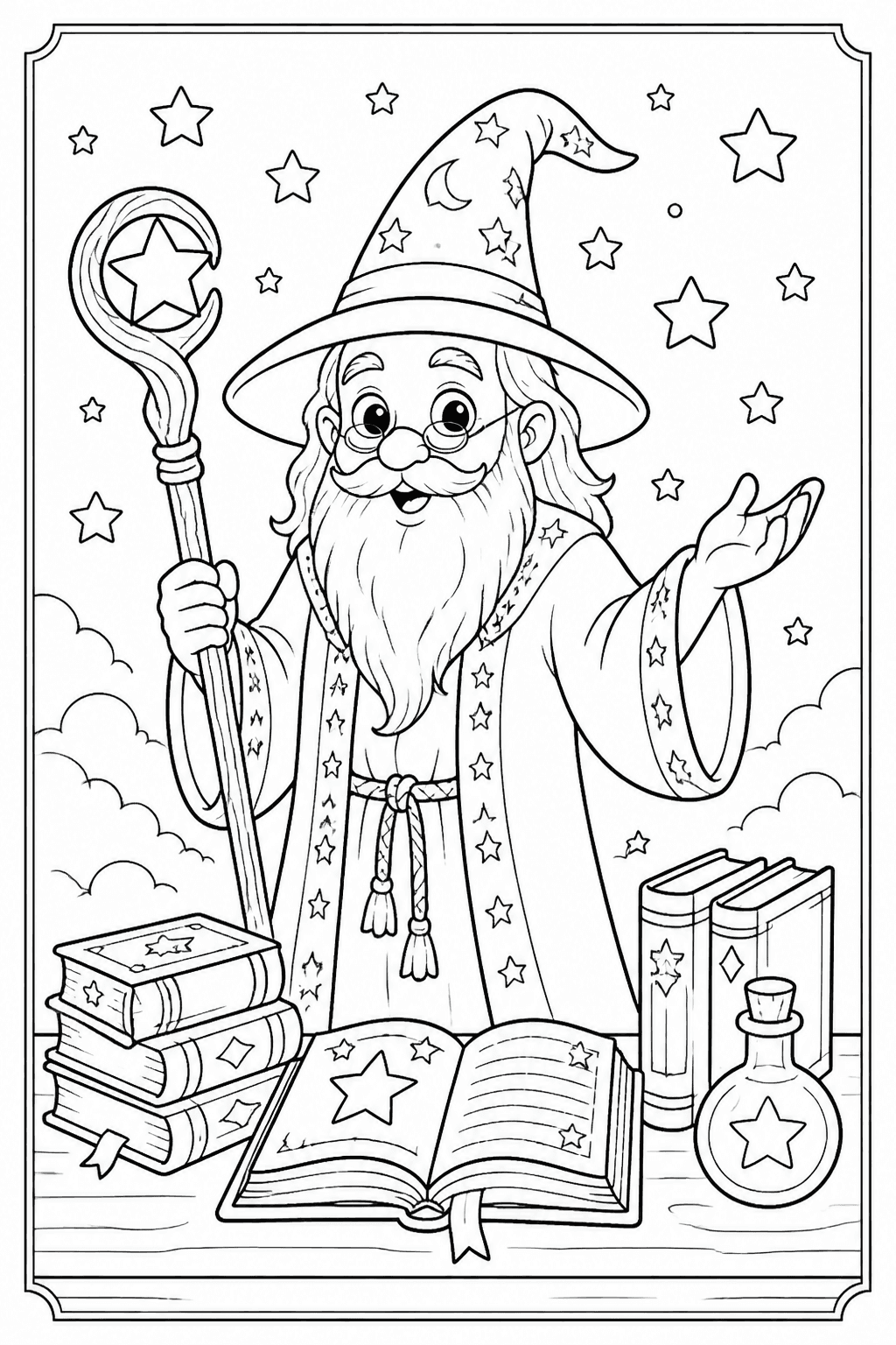 Wizard coloring page with a friendly wizard, stars, and a magic staff.