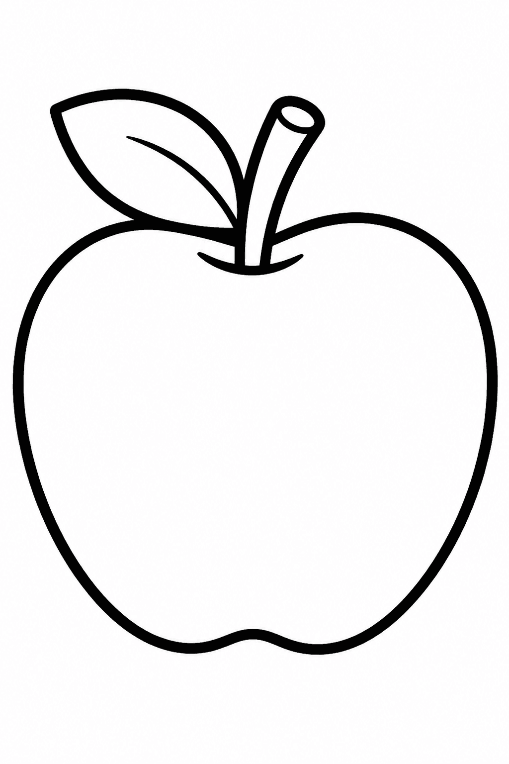Apple coloring page featuring a simple apple with a leaf, stem, and big coloring spaces.