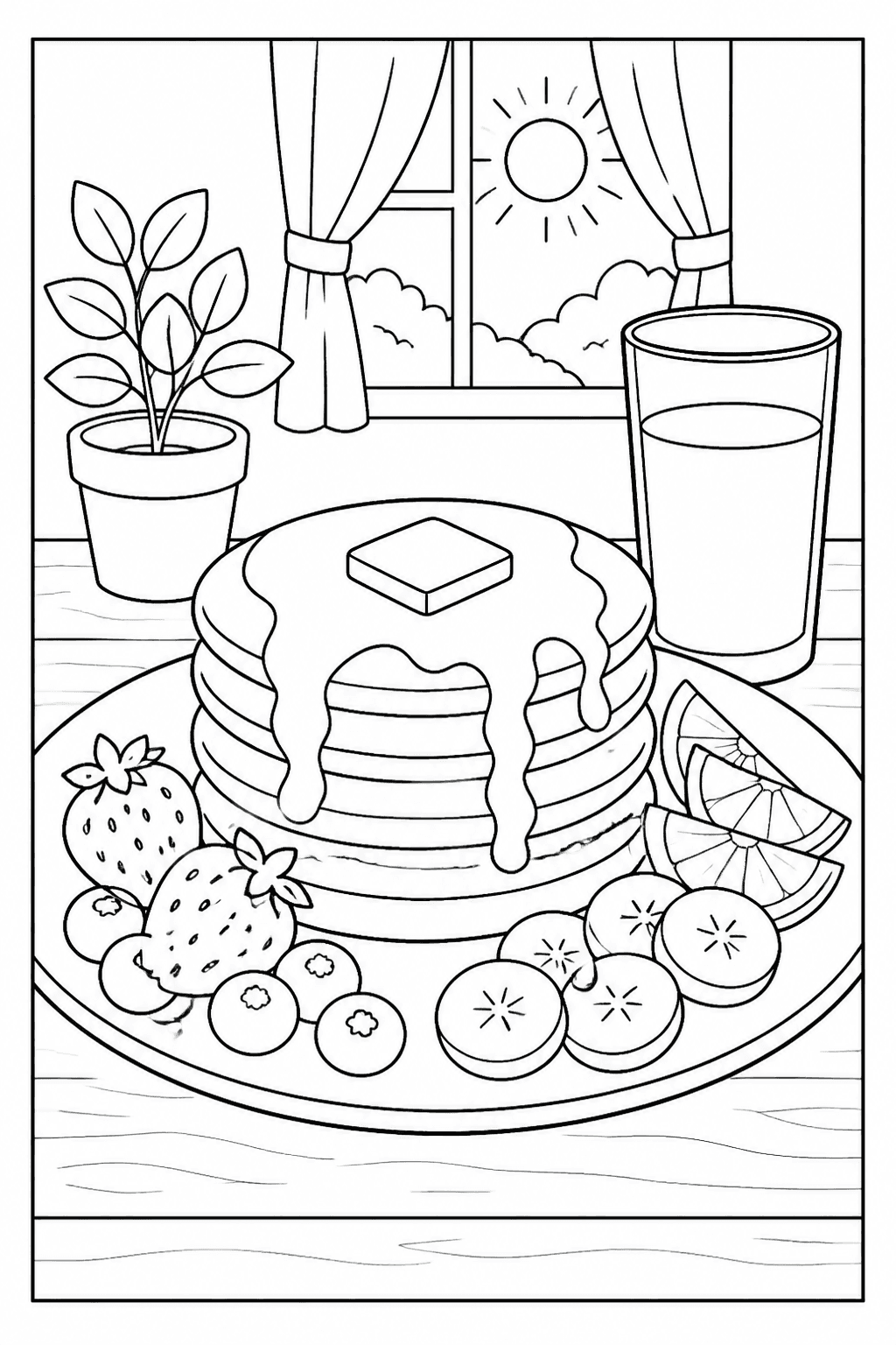 Breakfast Plate coloring page featuring a breakfast plate with pancakes, fruit, and a glass of juice.