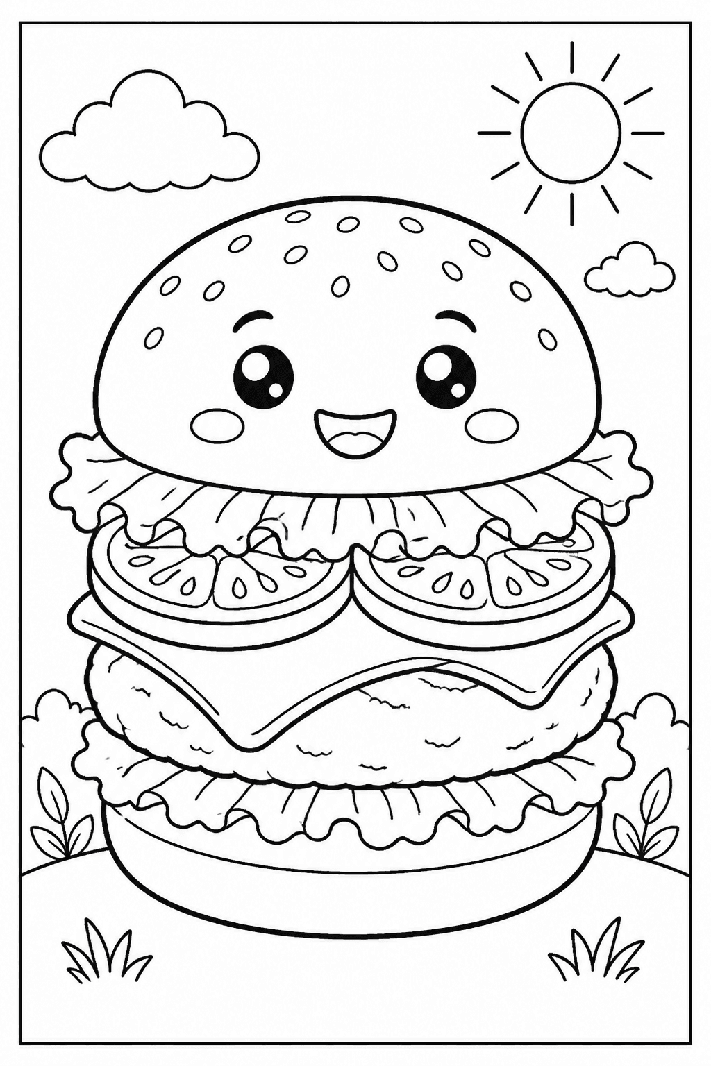Cute Burger coloring page featuring a stacked burger with lettuce, cheese, tomato, and a happy face.