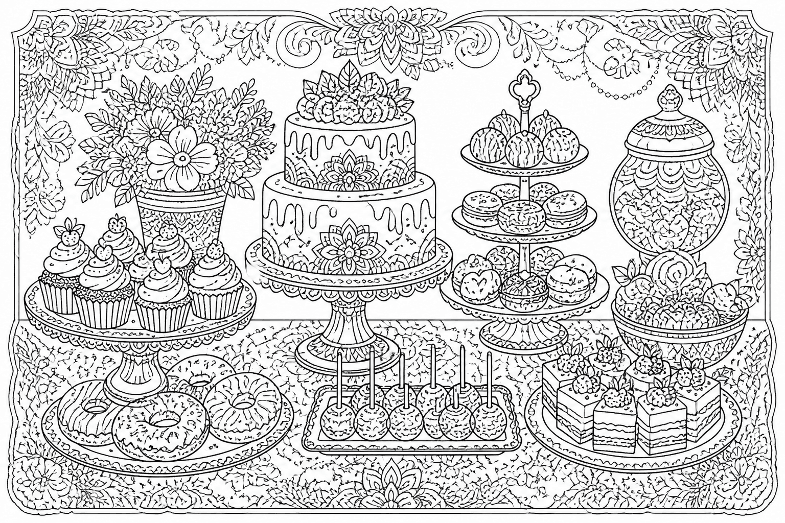 Dessert Table coloring page featuring a detailed dessert table with cakes, donuts, cupcakes, and treats.