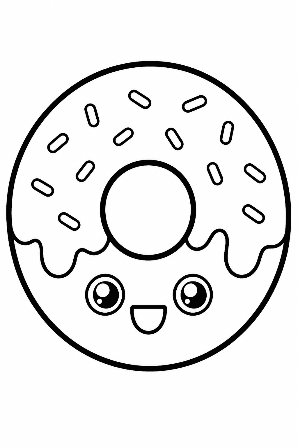 Donut coloring page featuring a cute donut with icing, sprinkles, and big open spaces.