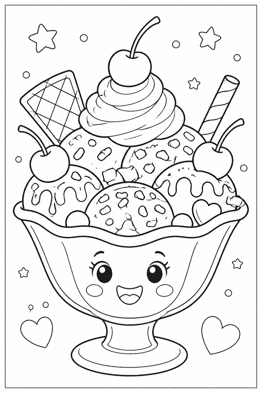 Ice Cream Sundae coloring page featuring a cheerful sundae bowl with whipped cream, cherries, and toppings.