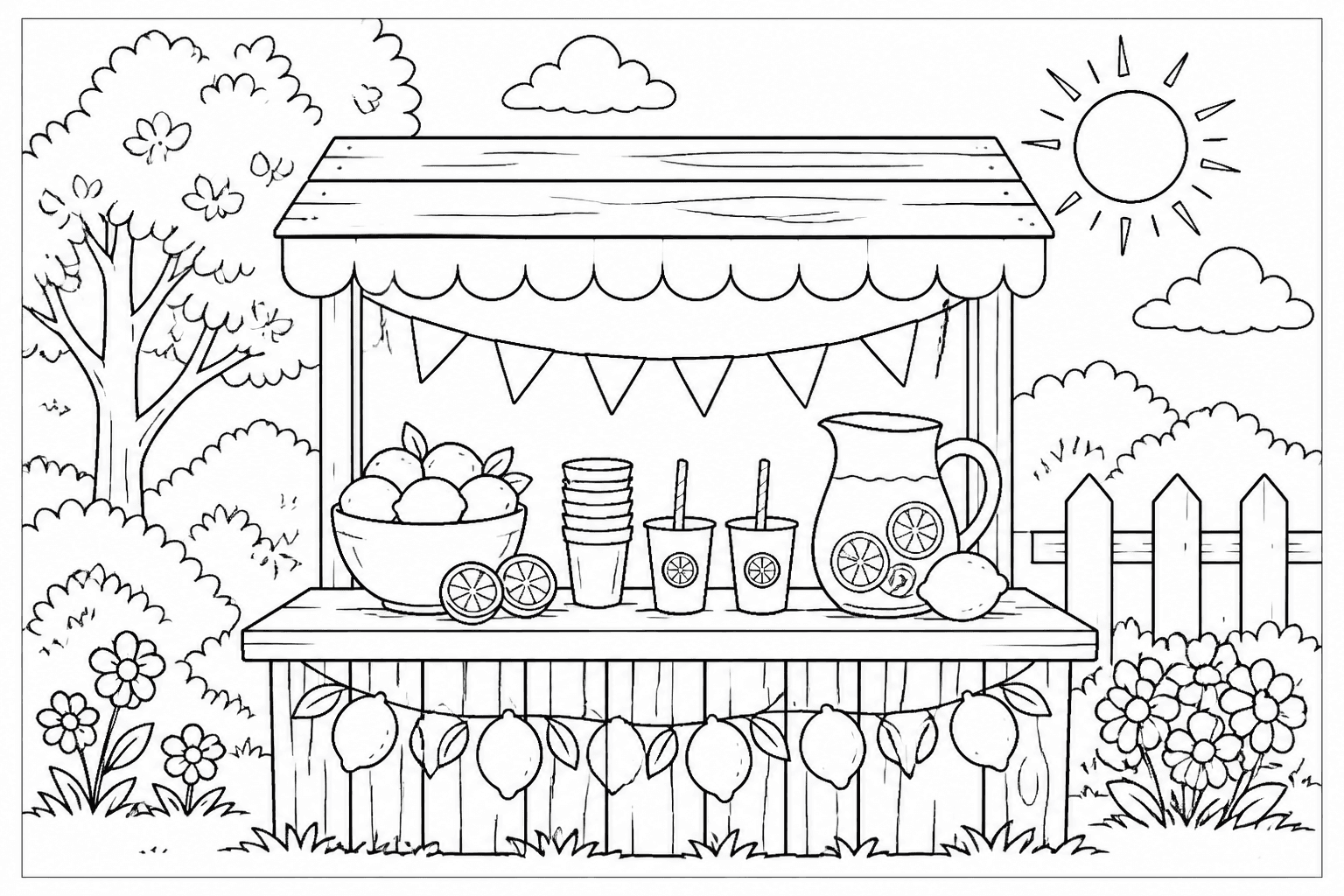 Lemonade Stand coloring page featuring a summer lemonade stand with lemons, cups, and a pitcher.