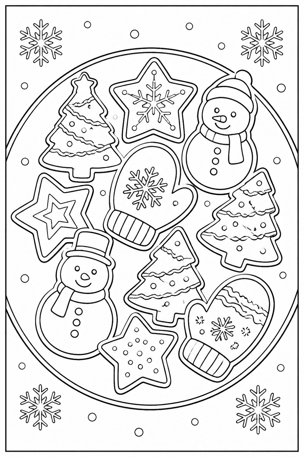 Christmas Cookies coloring page featuring holiday cookies shaped like trees, stars, mittens, and snowmen.
