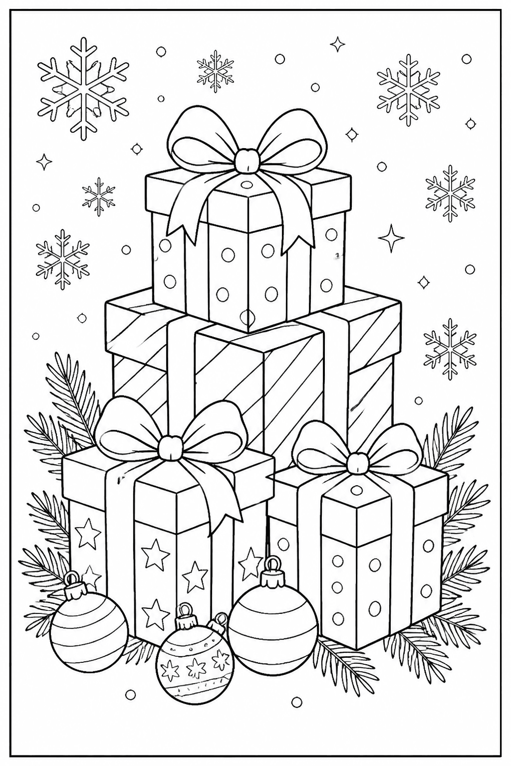 Christmas Gifts coloring page featuring a stack of wrapped gifts with ribbons, ornaments, and snowflakes.