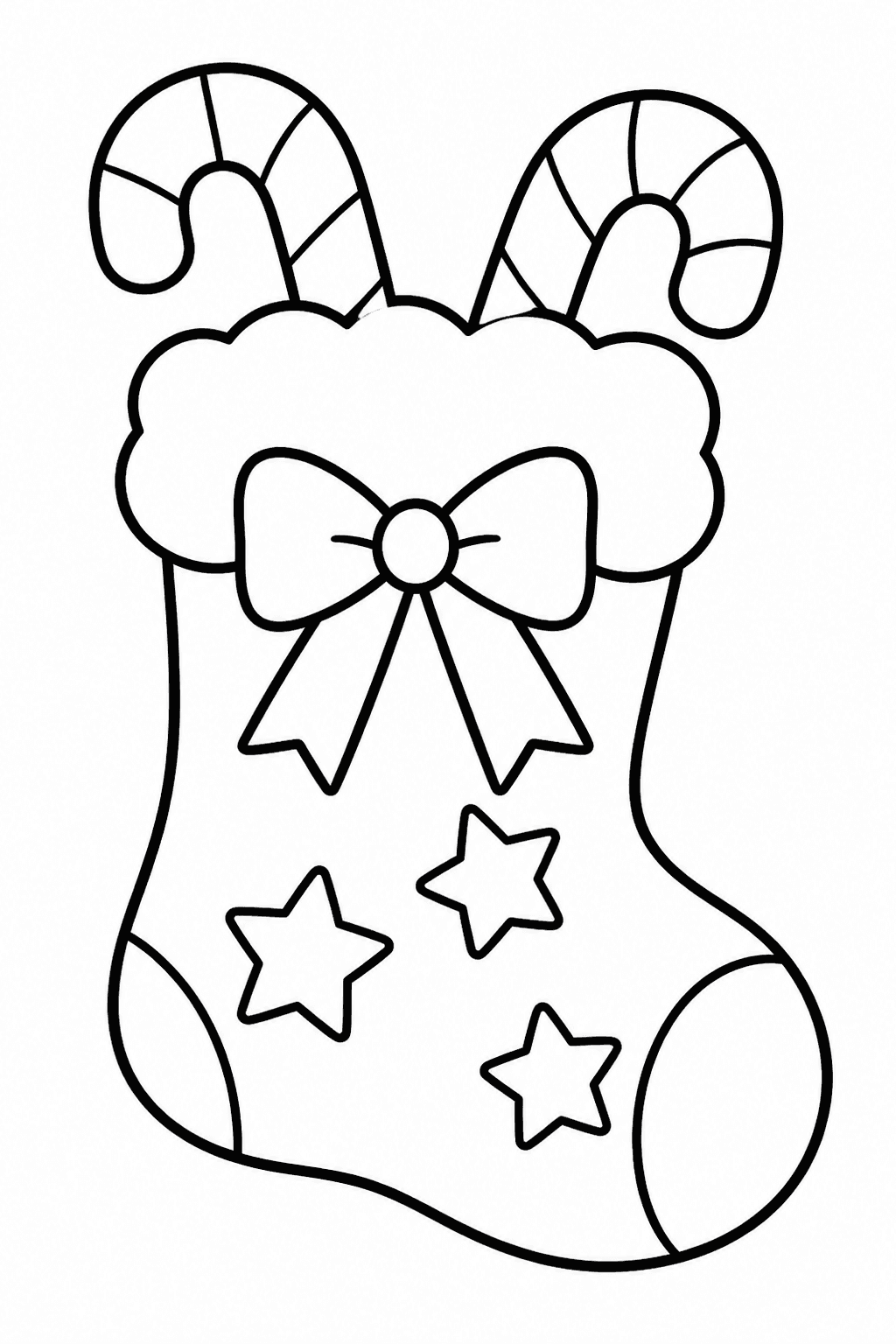 Christmas Stocking coloring page featuring a big christmas stocking with candy canes, stars, and a bow.