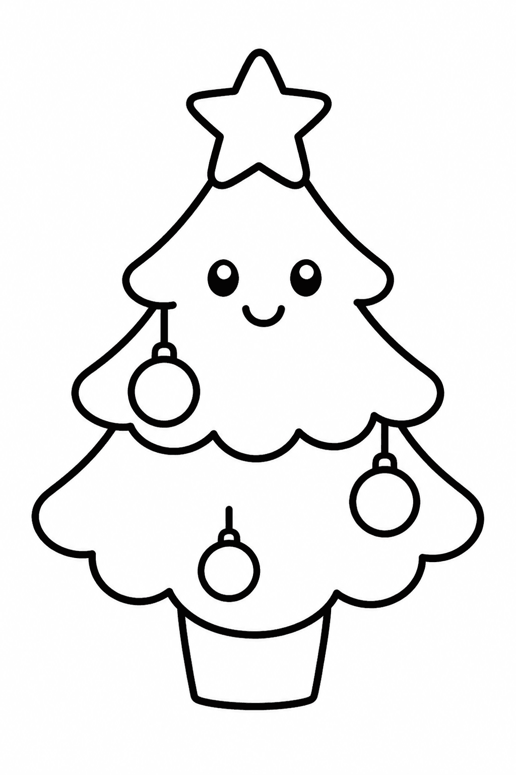 Easy Christmas tree coloring page with a decorated tree and a star.