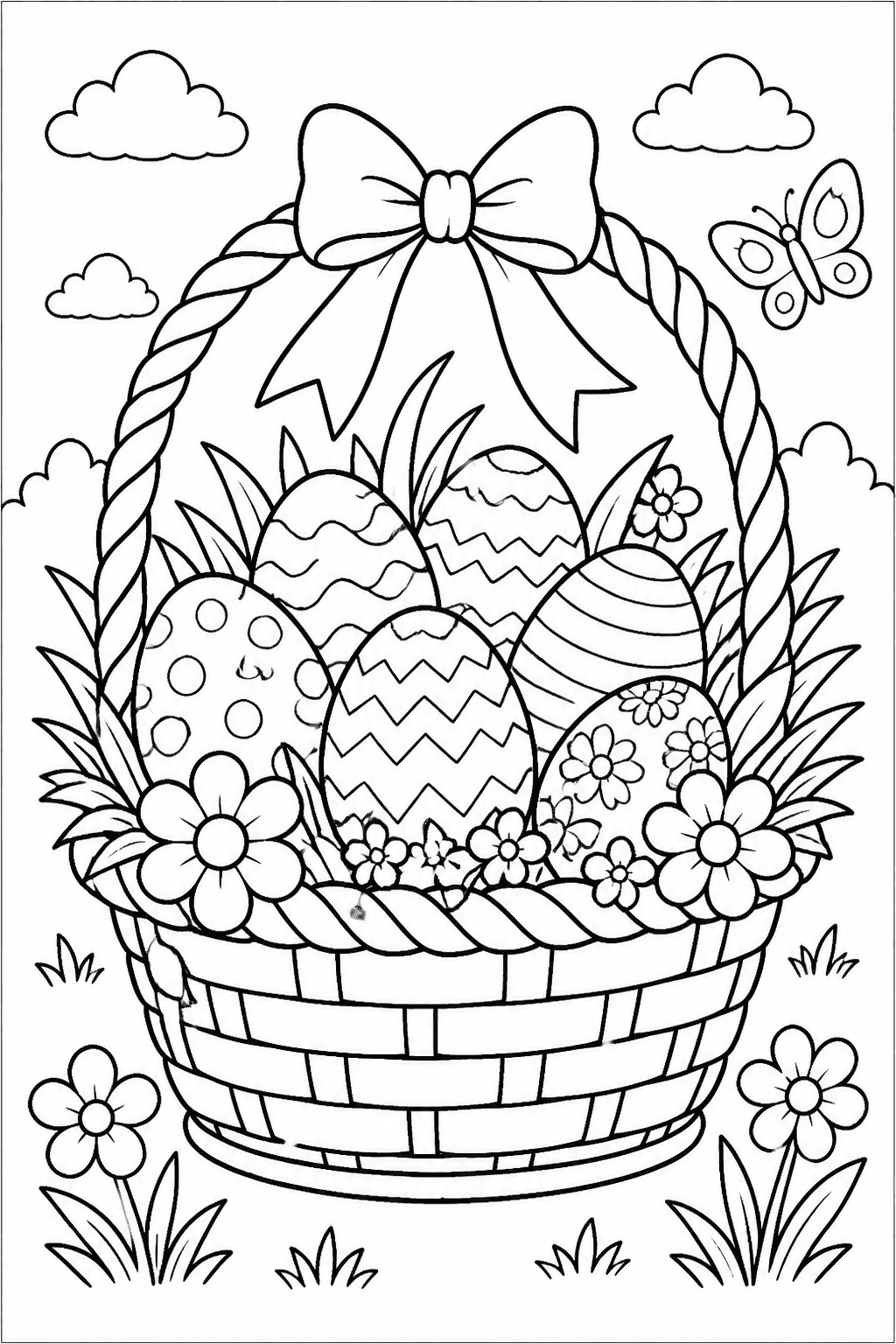 Easter Basket coloring page featuring an easter basket filled with eggs, flowers, ribbons, and grass.