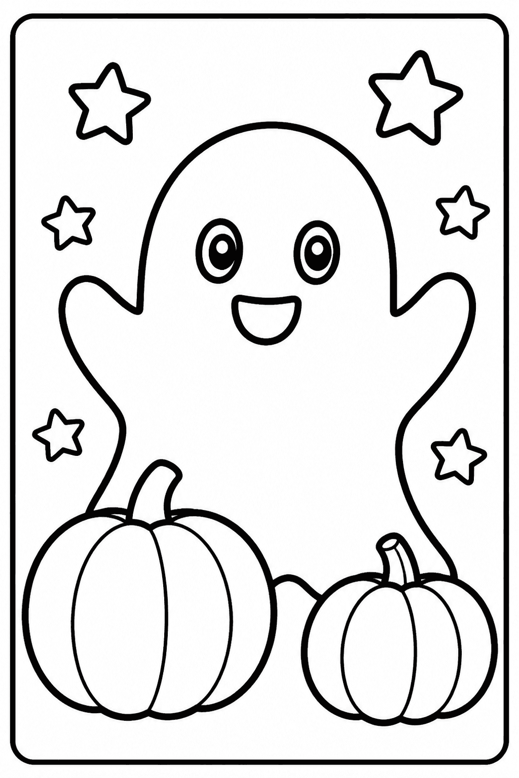 Halloween Ghost coloring page featuring a cute ghost with pumpkins, stars, and big simple shapes.