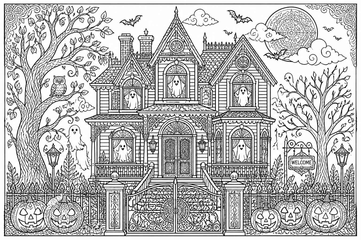 Detailed Halloween haunted house coloring page with pumpkins and a moon.