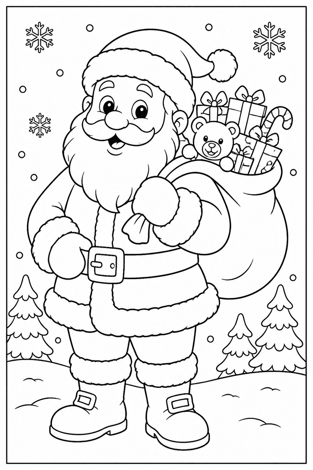 Santa Claus coloring page with a friendly Santa holding a sack of gifts.