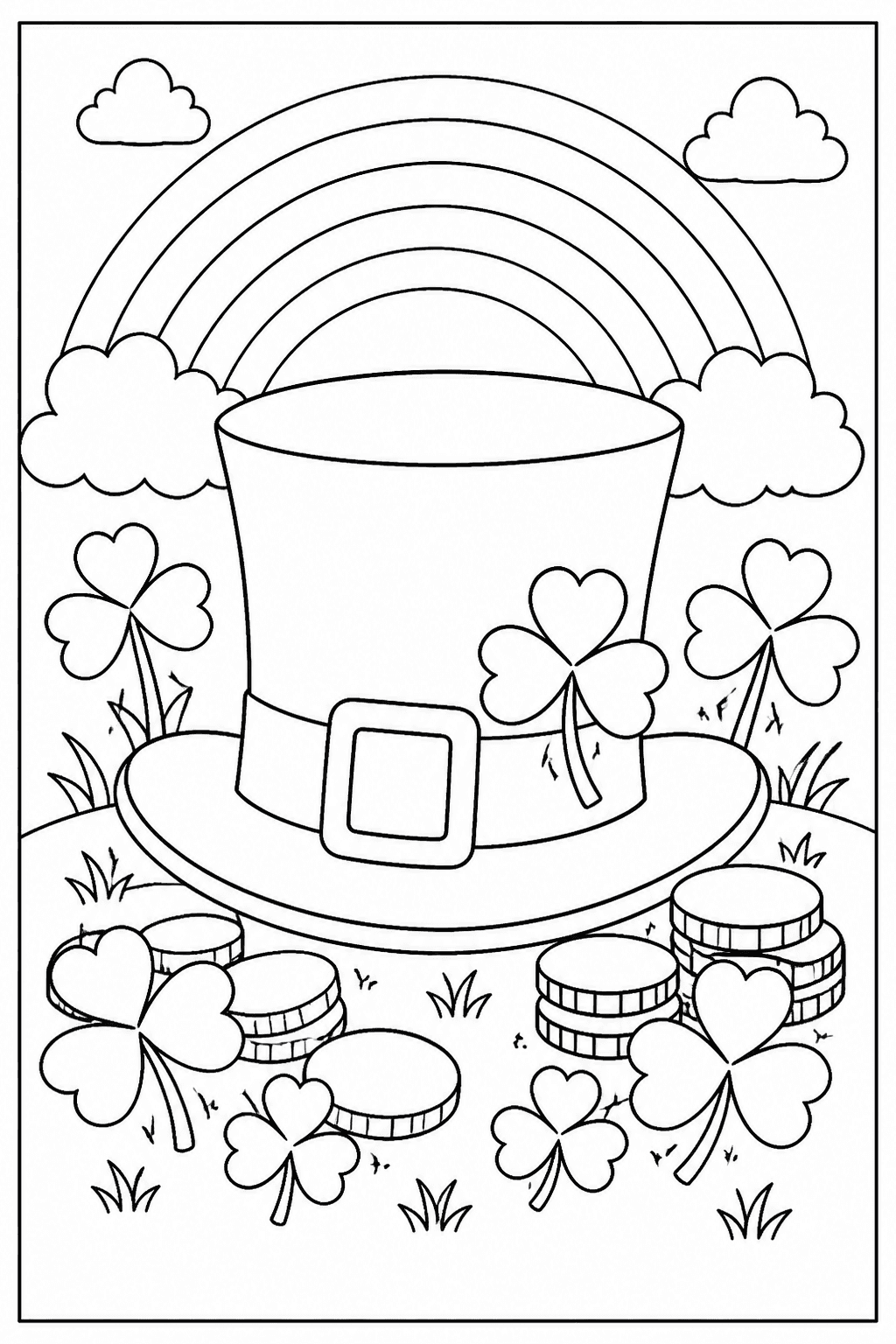 St Patrick's Leprechaun Hat coloring page featuring a leprechaun hat with shamrocks, coins, and a rainbow background.
