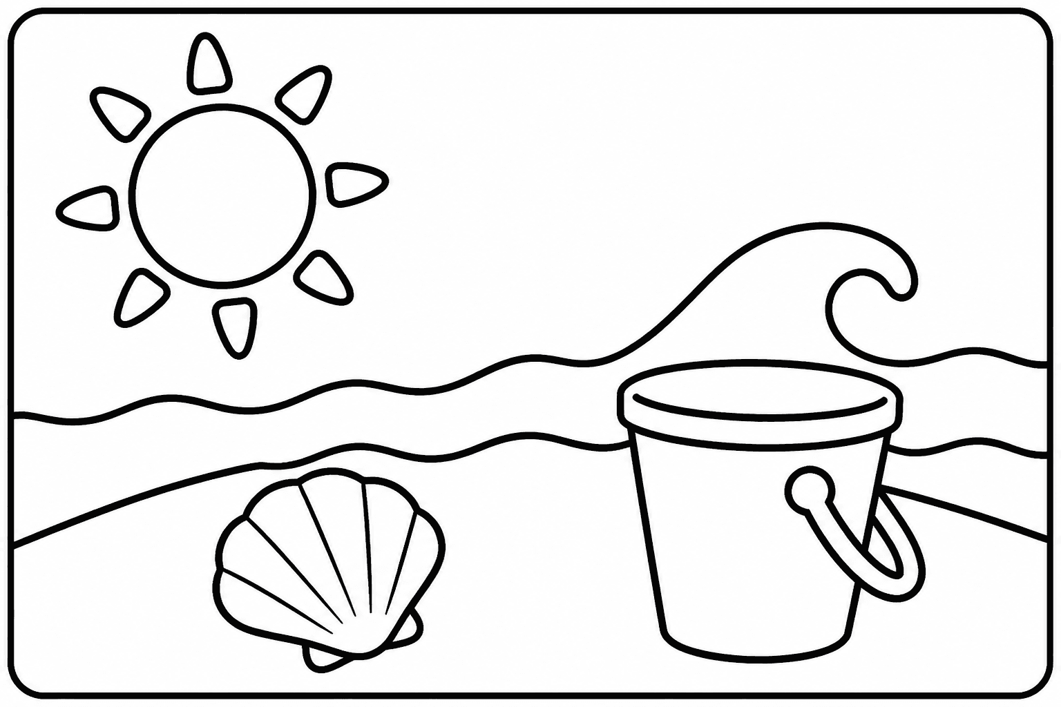 Summer Beach coloring page featuring a simple beach scene with sun, sand bucket, shell, and waves.