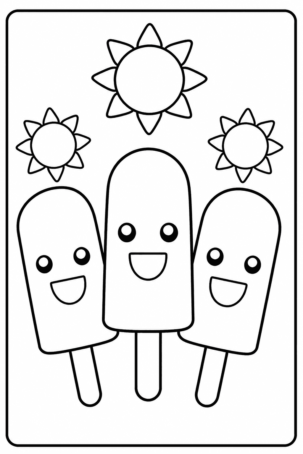 Summer Popsicles coloring page featuring three cheerful popsicles with sun shapes and big open spaces.