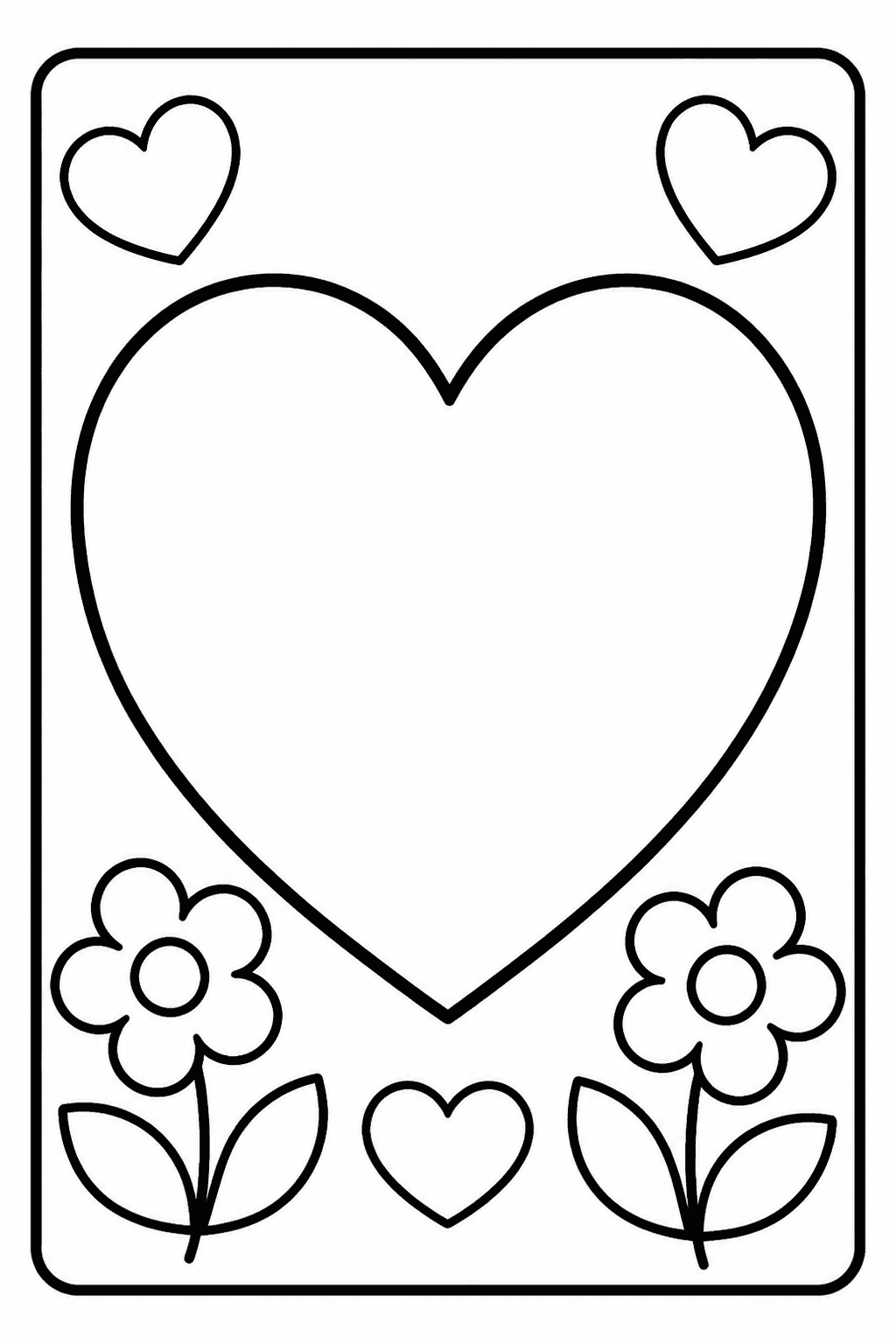 Valentine Card coloring page featuring a simple valentine card with hearts, flowers, and a blank center.