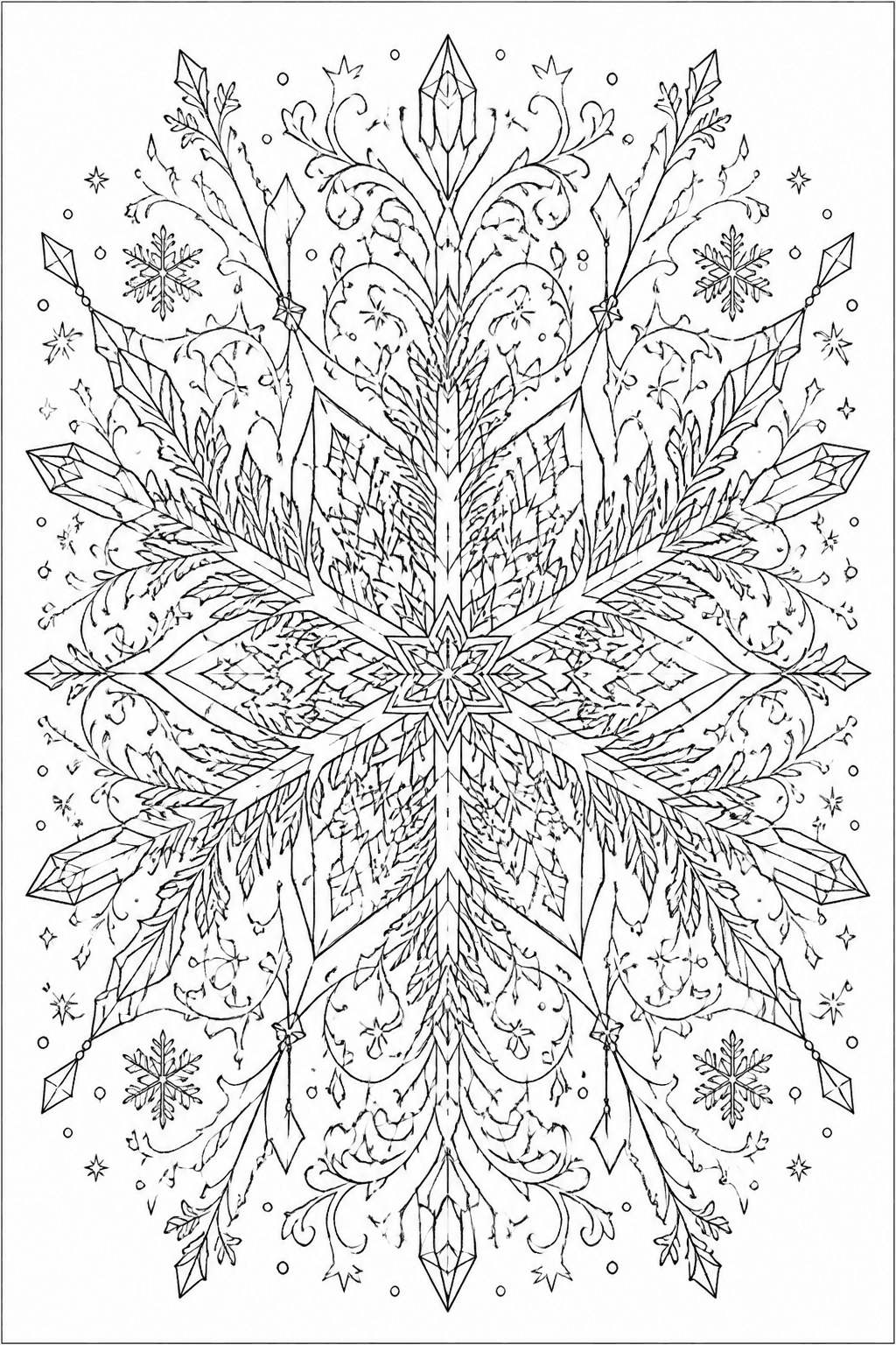 Winter Snowflake coloring page featuring an intricate snowflake design with icy shapes and winter patterns.
