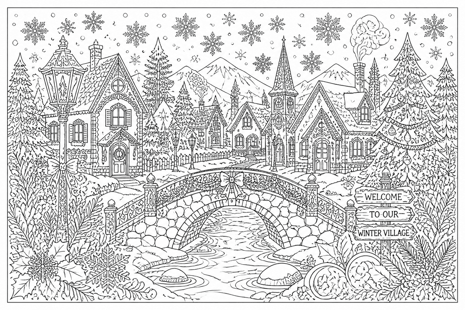 Detailed winter village coloring page with snowy houses, trees, and snowflakes.