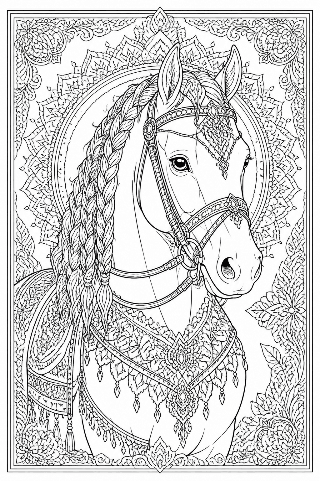 Detailed show horse coloring page with braided mane and decorative tack.