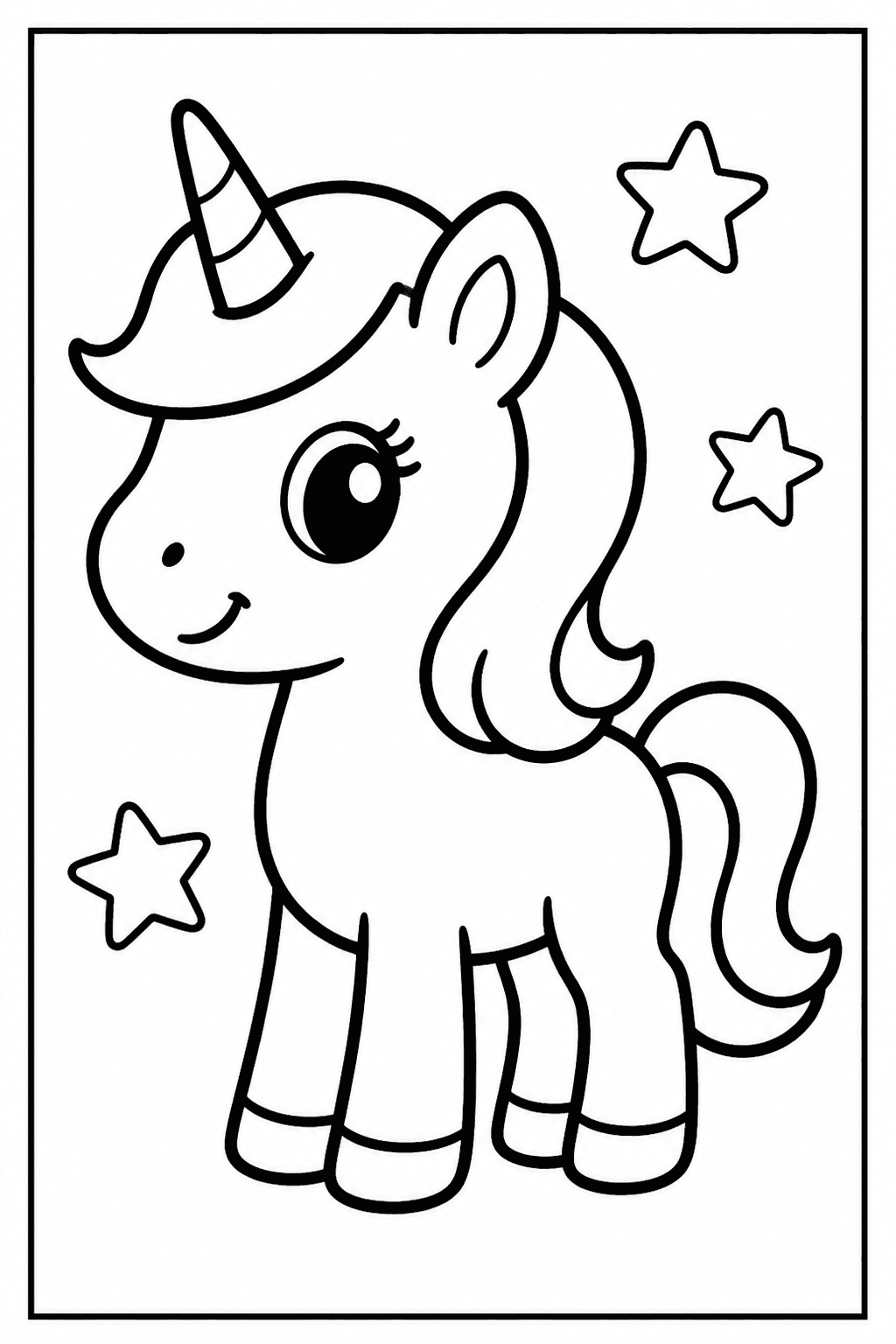 Easy unicorn pony coloring page with a cute pony and stars.