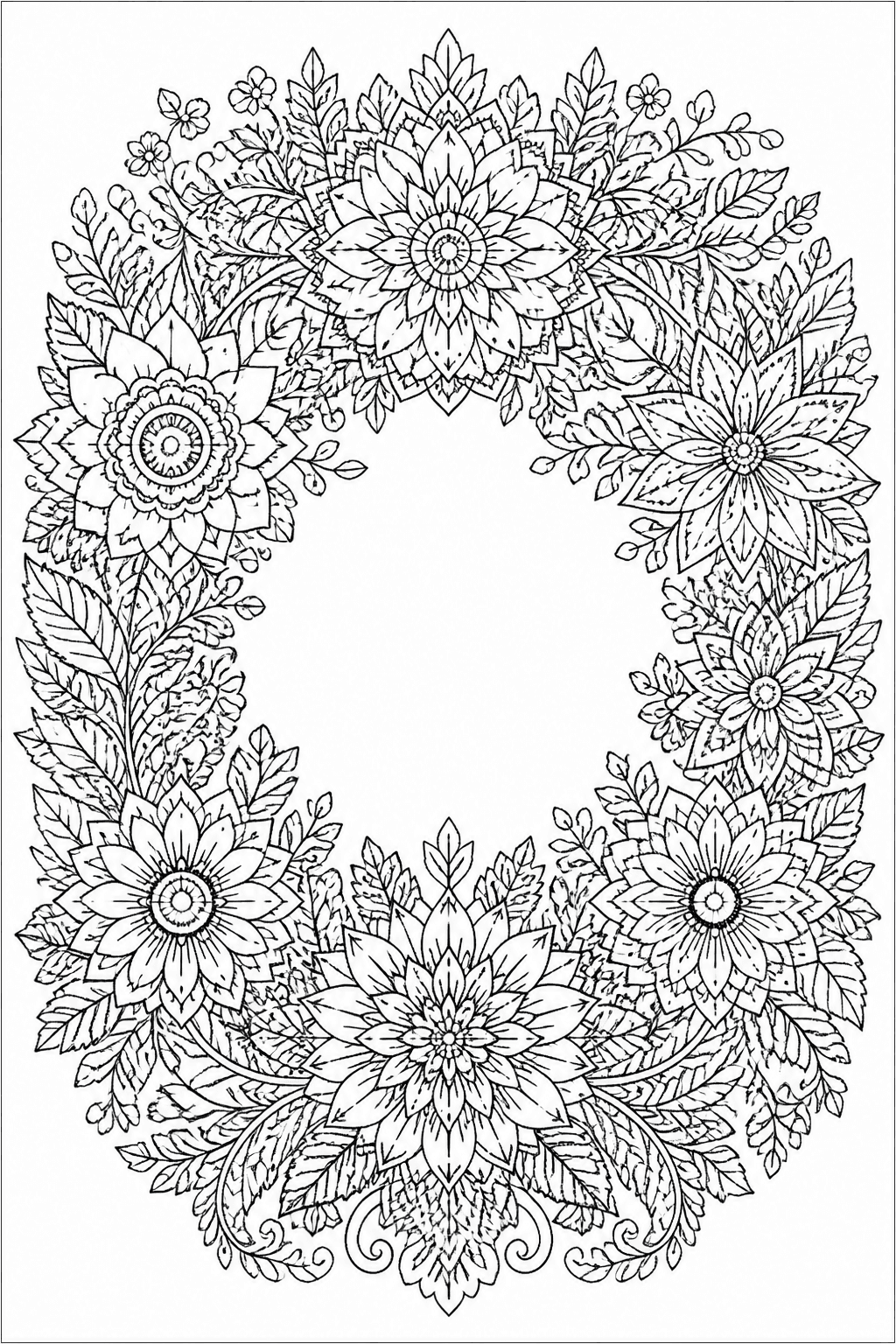 Botanical wreath coloring page with intricate flowers and leaves in a ring.