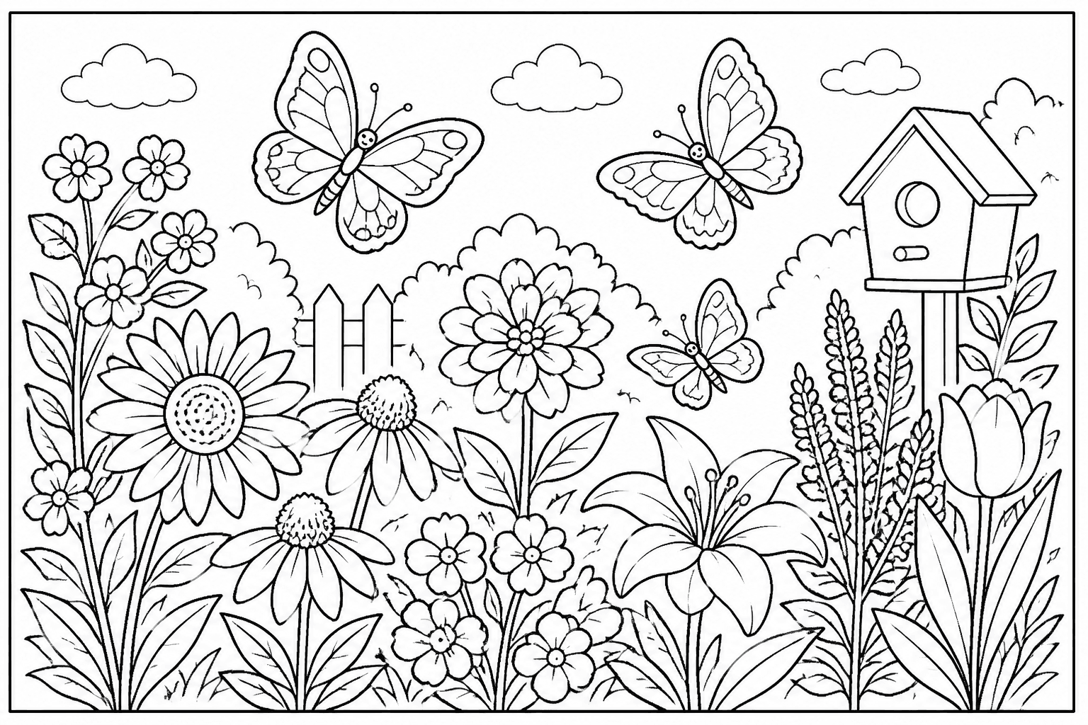 Butterfly garden coloring page with butterflies, flowers, and leaves.