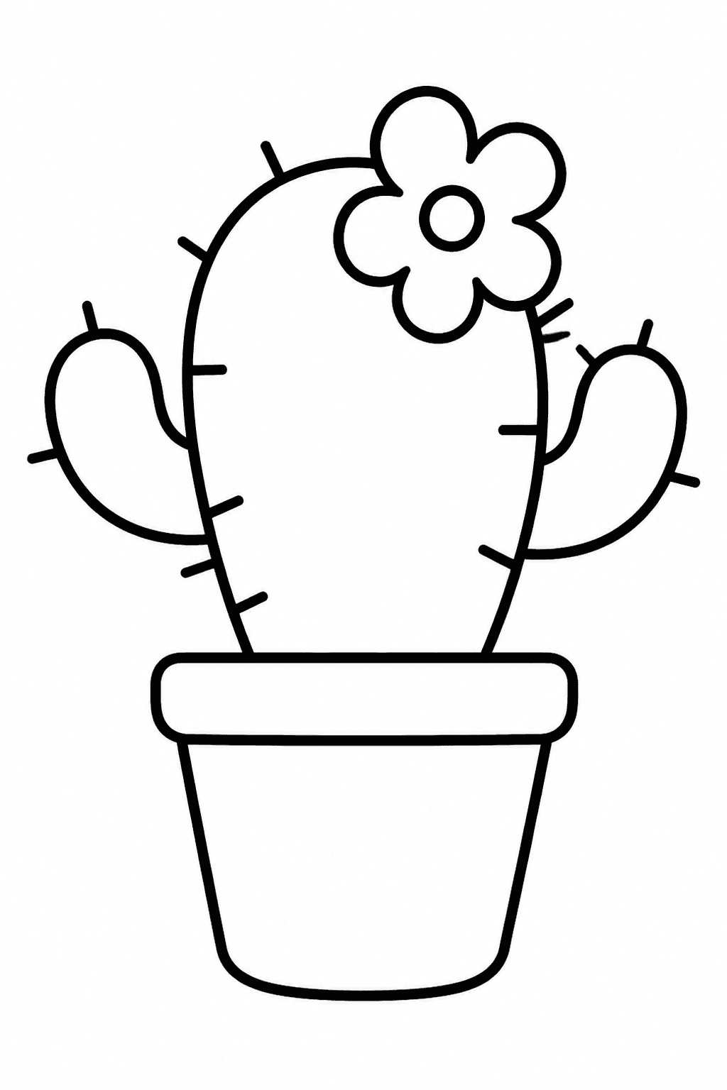 Cactus coloring page featuring a simple cactus in a pot with a flower and big open spaces.