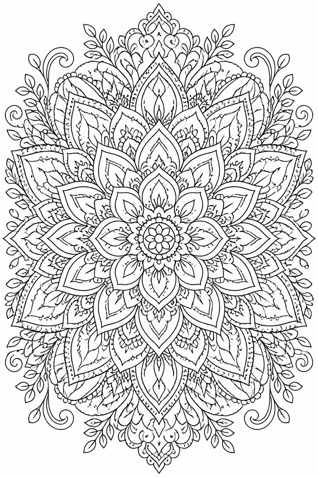 Floral mandala coloring page with intricate dense petals and patterns.