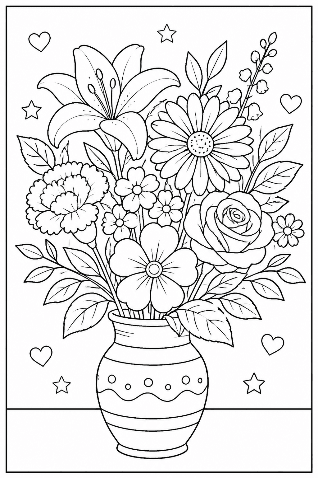 Flower bouquet coloring page with a vase of flowers and leaves.