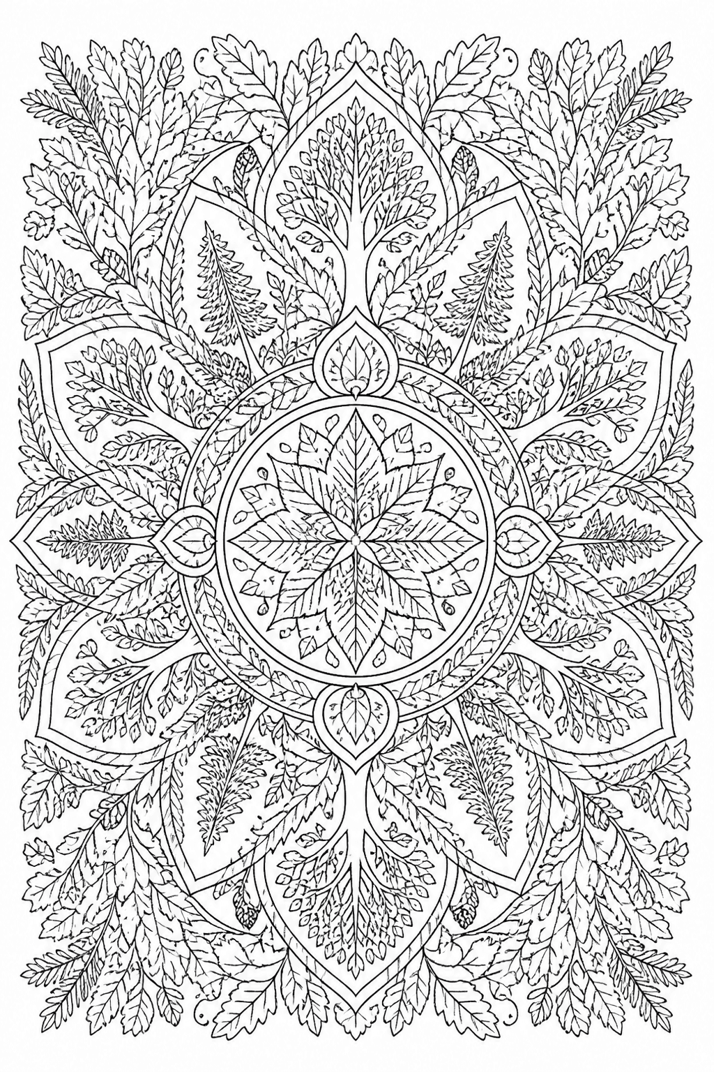 Detailed forest mandala coloring page with leaves and tree patterns.