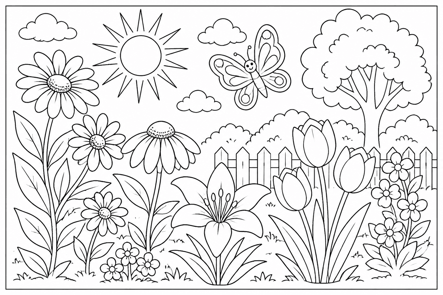 Garden coloring page with flowers, a butterfly, and the sun.