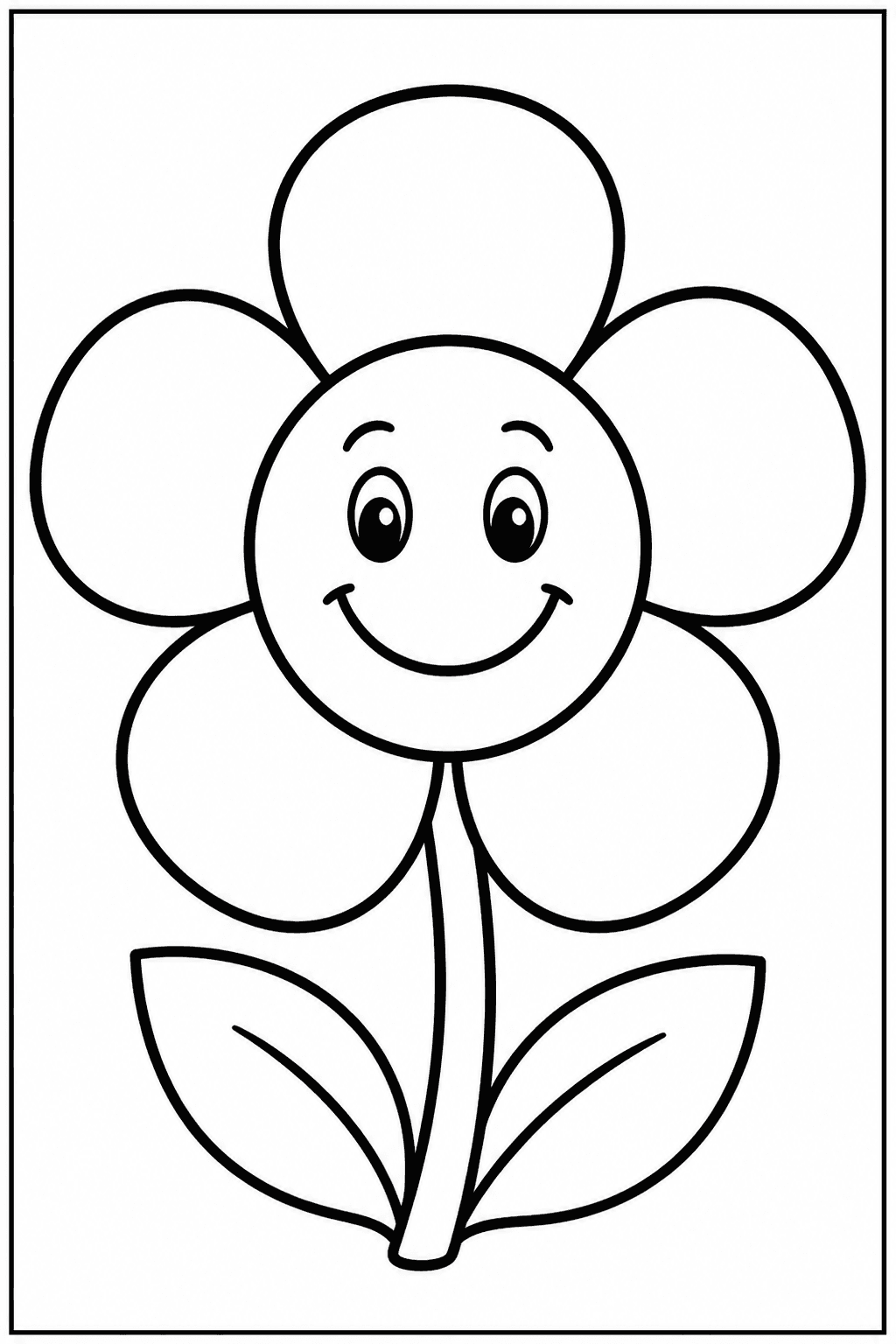 Easy flower coloring page with one big simple smiling flower.