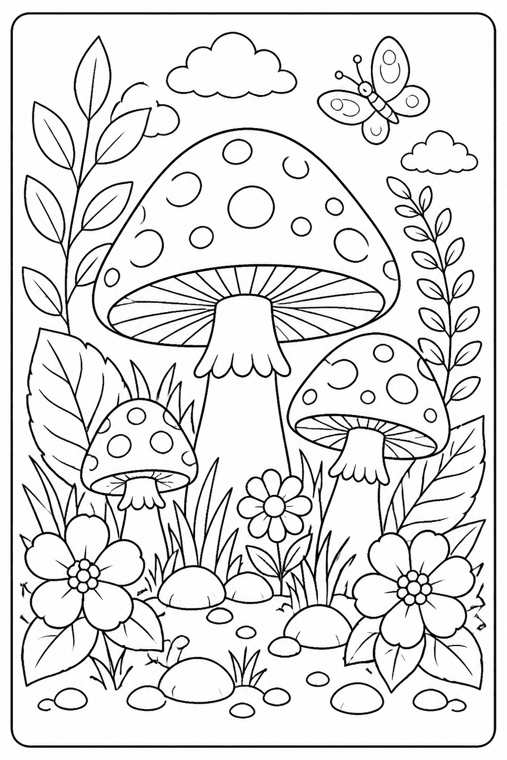 Mushroom Garden coloring page featuring a whimsical mushroom garden with leaves, flowers, and small stones.