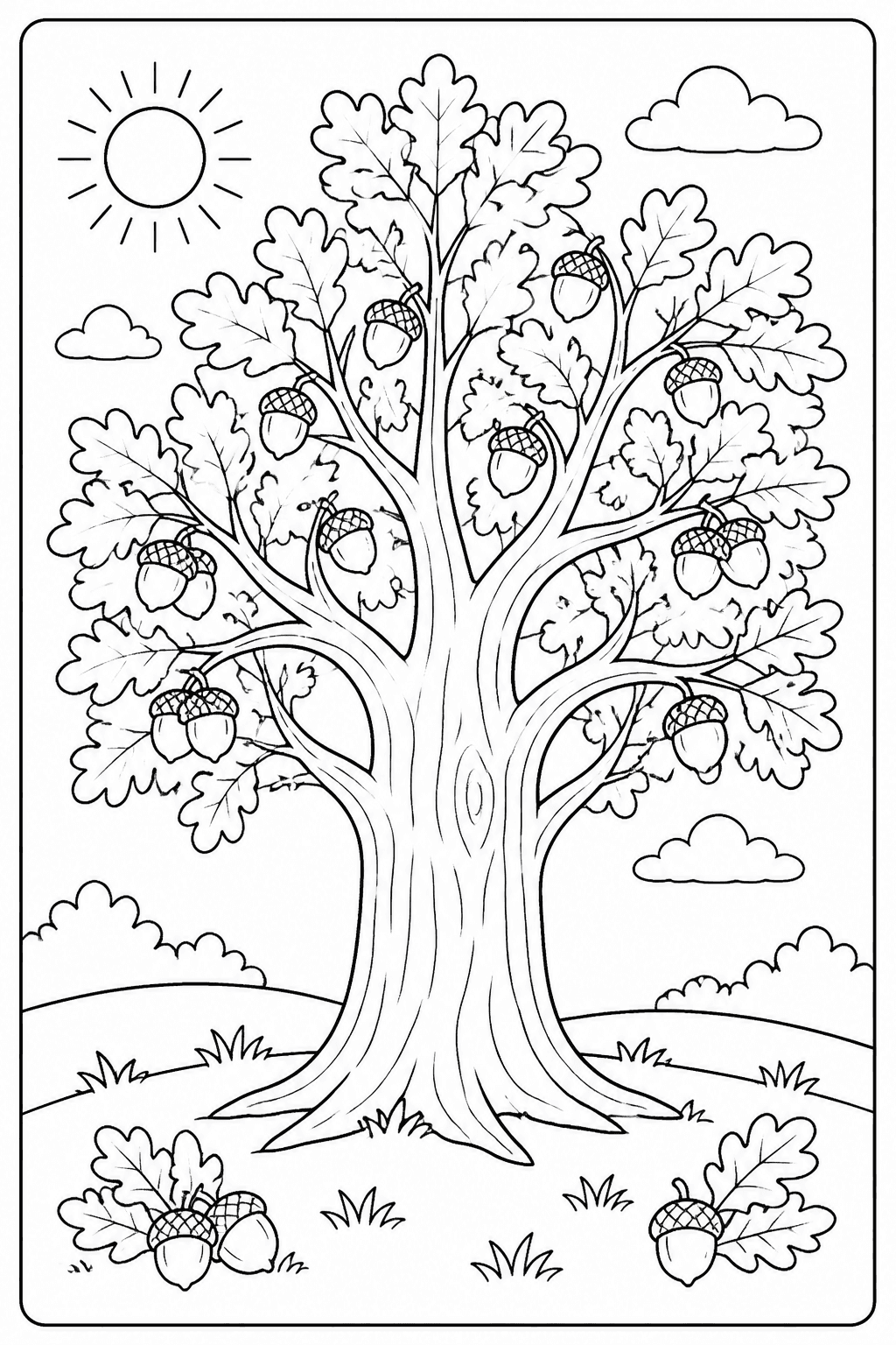 Oak Tree coloring page featuring a strong oak tree with acorns, leaves, grass, and a sunny sky.